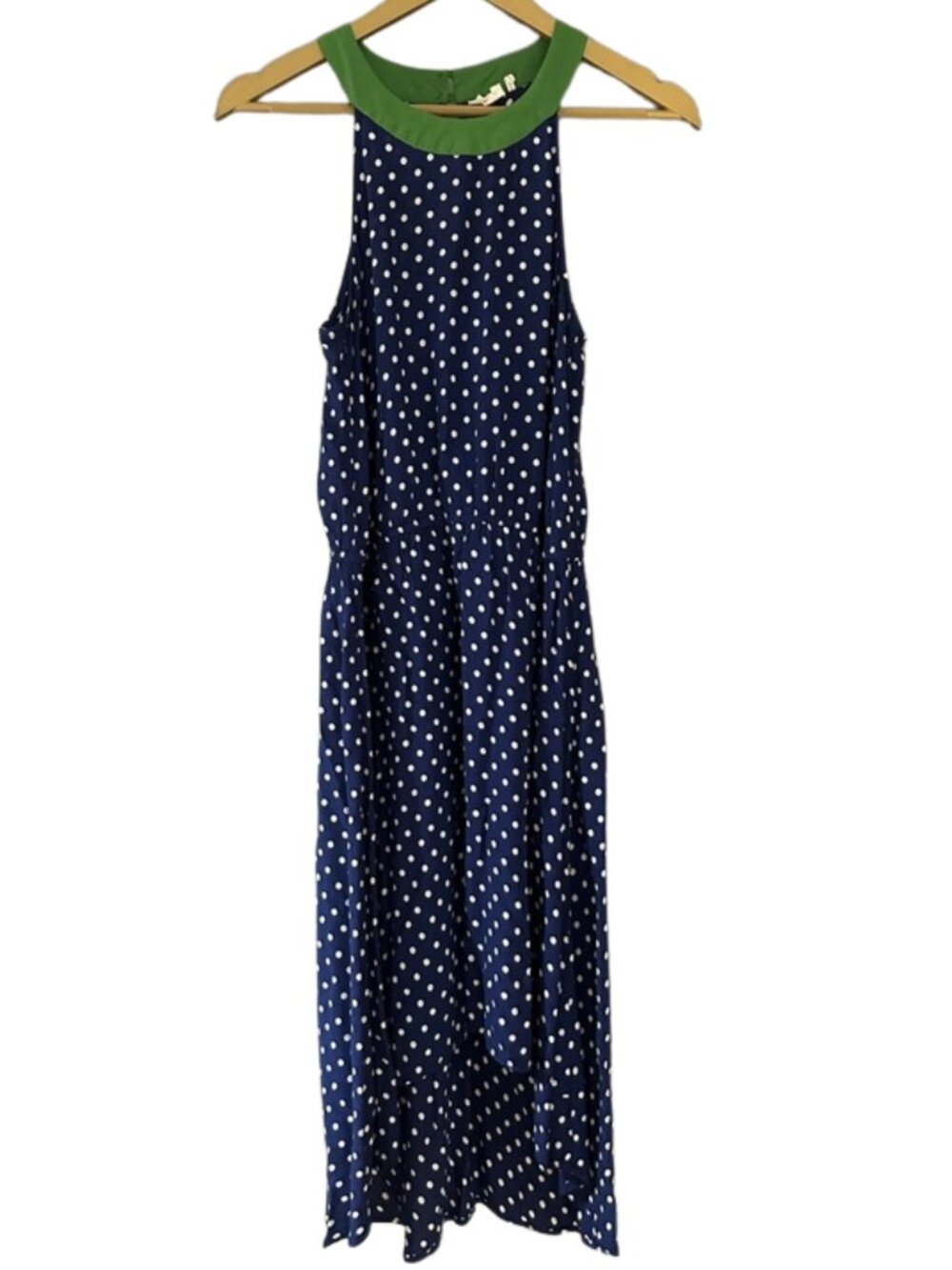 Anthropologie Lilka Polka Dot Hi-Low Dress Navy Green Halter Midi Derby - Picture 4 of 12